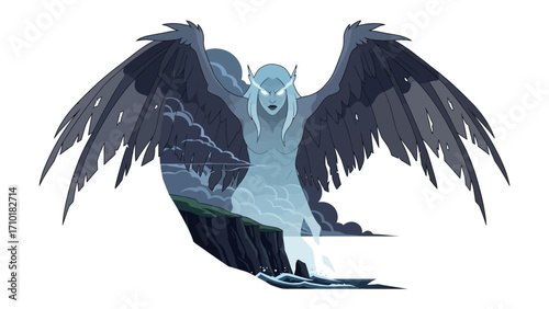 Mystical Spirit: A captivating illustration of an ethereal entity with majestic wings, emerging from a landscape of serene waters and cascading waterfalls.
