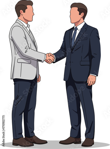 Two businessmen in suits shaking hands in agreement.