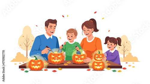 Family carving Pumpkin for Halloween: A happy family gathers to carve pumpkins together in a warm and festive illustration, capturing the essence of Halloween tradition, perfect for seasonal designs.