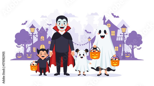 Halloween Costumes Gathering:  A vibrant, cartoon illustration depicts a family embracing Halloween, with each member adorned in classic costumes.