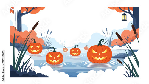 Spooky Halloween Pumpkins by the lake: The atmospheric illustration depicts an enchanted landscape with glowing carved pumpkins floating in a still lake.