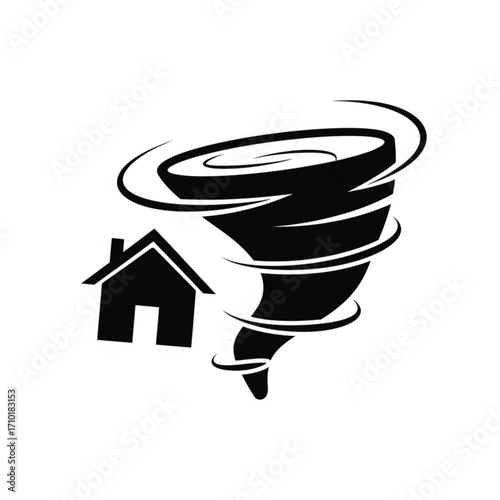 Powerful Weather Disaster Icon Representing a Destructive Tornado Approaching a Residential House, Symbolizing Emergency Situations, Risk of Damage, and Preparedness