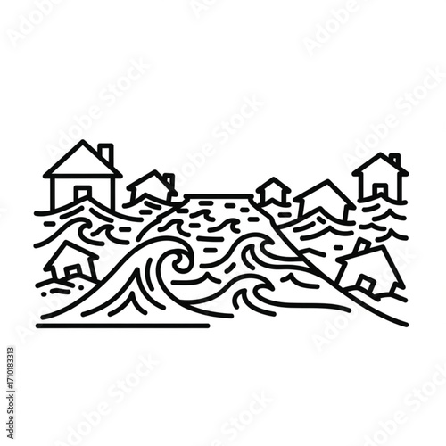 Coastal Flood Houses Submerged by Rising Sea Levels - Climate Change Illustration