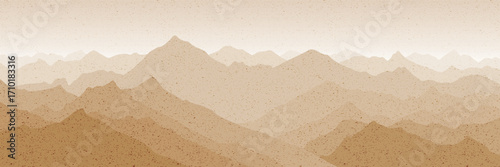 Sunrise in the mountains, sepia shades, retro effect, ridge gradients, panoramic view, vector illustration