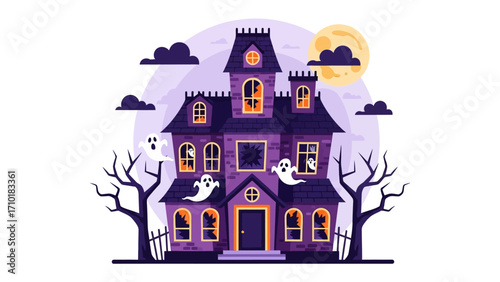 Spooky Haunted House with Ghosts: A whimsical illustration capturing the essence of Halloween with a haunted house, complete with ghostly apparitions, under a full moon.