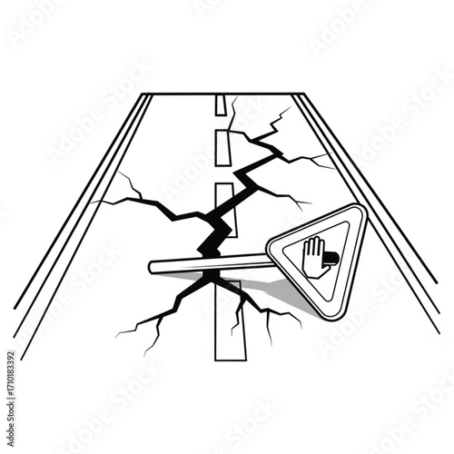 Conceptual black and white illustration depicting a severely fractured road surface with a toppled stop sign, symbolizing unforeseen crisis, a blocked path, and significant infrastructure damage