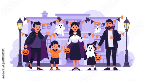 Halloween Family: A charming illustration capturing the festive spirit of Halloween. A family dressed in Halloween costumes happily celebrating. 
