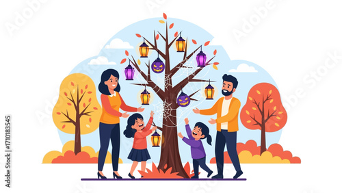 Family Halloween Decoration: A family happily decorating a tree with lanterns for Halloween, embracing the spirit of autumn, and celebrating togetherness in this joyful season.