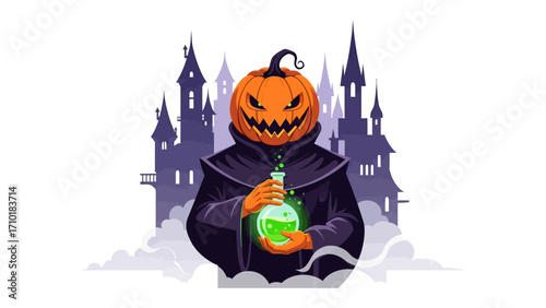 Halloween's Enigmatic Brew: A gourd-headed figure, garbed in a mysterious cloak, clutches a bubbling potion before a foreboding castle.