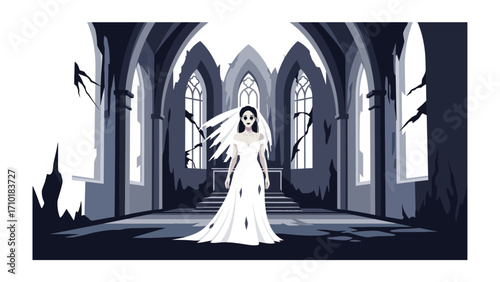 Mysterious Bride in Derelict Chapel: A spectral bride in a tattered wedding dress stands in the heart of a decayed chapel.