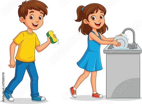 Children washing dishes, cartoon kids, household chores, teamwork, cleaning activity, kitchen sink, soap suds, sponge, responsibility, smiling faces, animated style, domestic