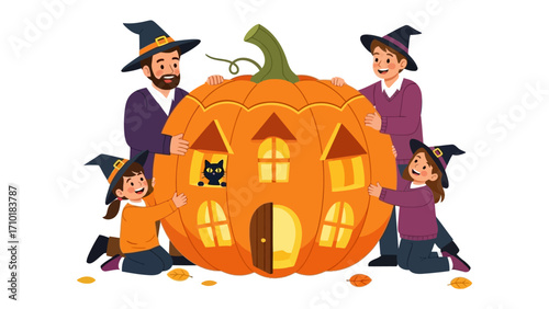 Family Fun with a Halloween Pumpkin House: A warm and inviting family, dressed in festive attire, gathers around a charming pumpkin house, embracing the joyous spirit of the Halloween season.
