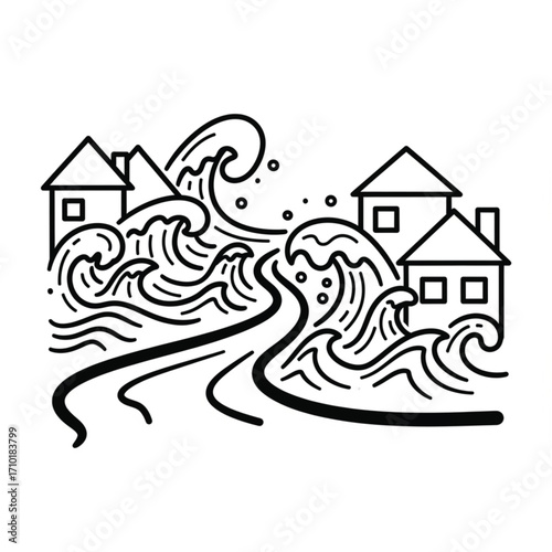 Hand-drawn illustration of a coastal town threatened by a powerful storm surge and large waves
