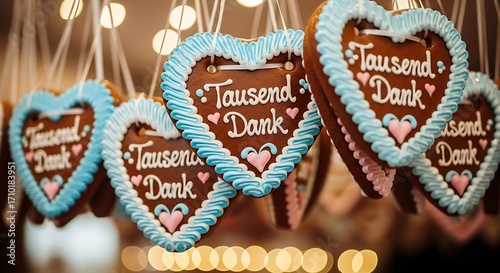 Heart-shaped gingerbread cookies with the words Tausend Dank hanging from strings.