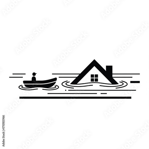 Simple black and white vector graphic of a house underwater from severe flooding, with a survivor rowing a boat, representing crisis and resilience