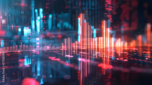 3D glowing financial bar chart rising, futuristic stock market visualization, dark background with neon highlights, cinematic light