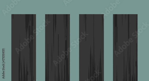 Four vertical dark wood planks on a teal background.