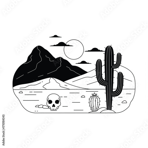 Monochrome desert landscape with a skull, saguaro cactus, and mountains, a simple linear vector illustration
