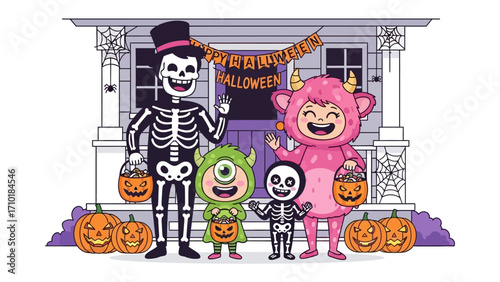 Halloween Celebration: A joyful gathering of costumed individuals embracing the Halloween spirit, with spooky decorations adorning their surroundings.
