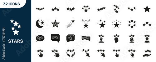 Star Rating And Review Solid Icon Set. Customer Feedback, Quality Assessment, And Evaluation Silhouette Symbol Collection. User Experience And Satisfaction. Isolated Vector Illustration