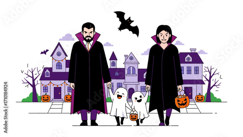 Spooky Halloween Family: A chilling illustration of a family dressed in their Halloween costumes, gathering treats with their children at the heart of the spooky season.