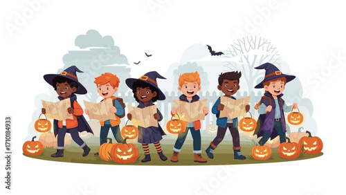 Halloween Kids on a Spooky Adventure: A group of children dressed in costumes, excited for a Halloween adventure with a spooky pumpkin background, capturing the spirit of trick or treating.