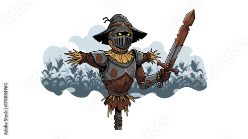 Guardian of the Harvest: A stylized scarecrow, poised in front of a field, brandishing a sword to protect the bounty, dressed in metallic armor.