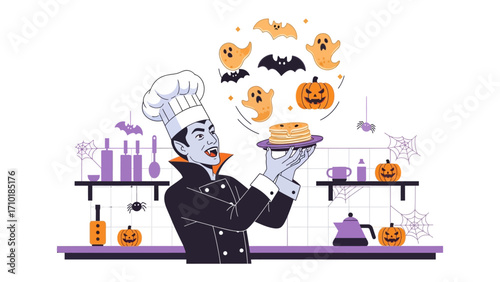 Spooky Chef's Halloween Creation: A playful illustration features a chef presenting a spooky Halloween treat, surrounded by ghostly elements and festive decor, perfect for seasonal celebrations.