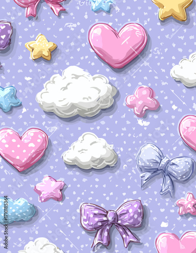 Nahtloses Kawaii-Muster mit Wolken, Herzen und Schleifen