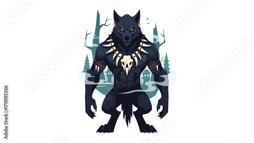 Tribal Werewolf in Forest: A powerful and intimidating werewolf figure stands guard within a mystical, haunting forest, embodying primal strength and dark magic.