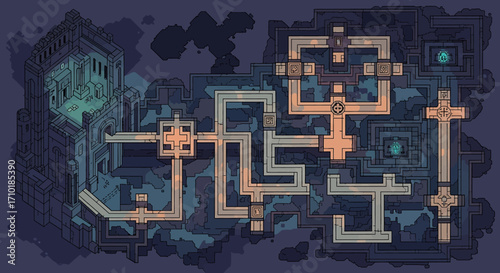 A top-down digital illustration of a dark, labyrinthine dungeon map with glowing architectural elements from a fantasy game.