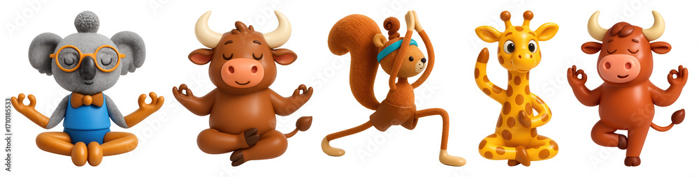 Obraz premium PNG Cute animals practicing yoga, element set on transparent background