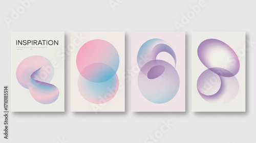 A set of four modern posters with abstract fluid gradient shapes and translucent circles. Vector design templates for covers and backgrounds