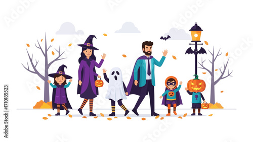 Halloween Family: A family dressed in Halloween costumes celebrates the spooky season, capturing the fun and excitement of trick-or-treating with an image full of playful joy.