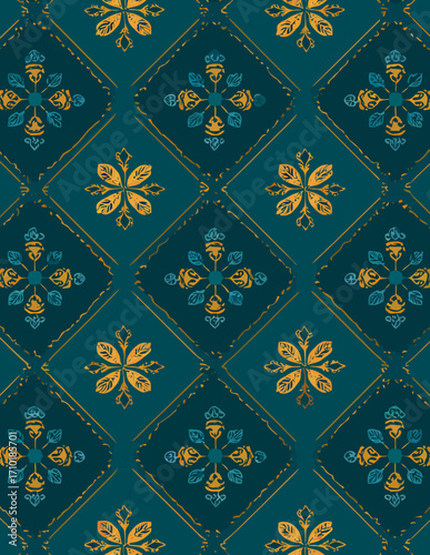 Nahtloses Vektor-Muster: Teal und Gold-Blüten-Design