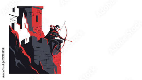 Archer's Perch: An archer draws back his bow atop a formidable stone castle, silhouetted against a dramatic backdrop, a story of skill and readiness.