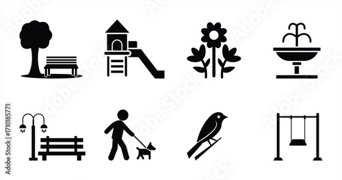 Park Icon Set – Vector Illustration of Playground, Tree, Bench, Fountain, Flowers, Street Lamp, Swing, Bird, and Walking Person with Dog for Outdoor Recreation, urban landscape, and public
