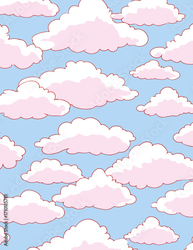 Nahtloses Vektor-Muster: Rosa Wolken auf hellblauem Himmel