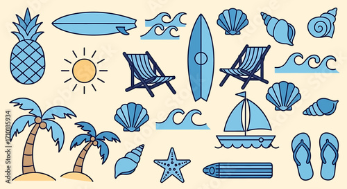 Collection of beach and surf-themed line art icons, including surfboards, beach chairs, seashells, waves, pineapples, palm trees, and a sailboat.