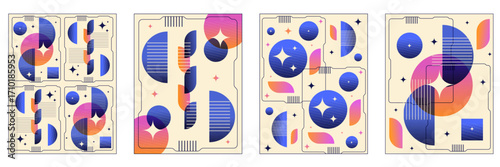 Modern Abstract Geometric hi tech poster cover set. Vector illustration of trendy Abstract placard with Geometry shapes and computer chip. Perfect gradient background. EPS 10