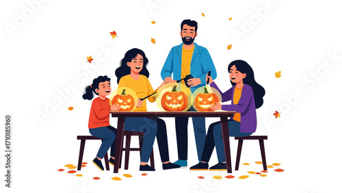 Spooky Family Fun: A family joyfully carves Halloween pumpkins, creating glowing jack-o'-lanterns in a festive scene, set amidst autumnal leaves. 