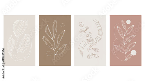 Collection of four minimalist abstract botanical prints with fine line art leaves and shapes. Modern boho wall art posters in earthy, neutral colors