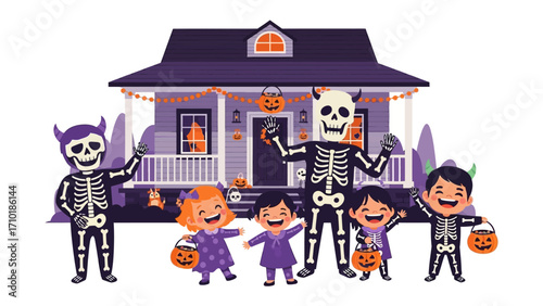 Halloween Trick-or-Treaters: A vibrant and fun illustration depicts a group of children dressed in creative Halloween costumes, happily trick-or-treating in front of a charming.