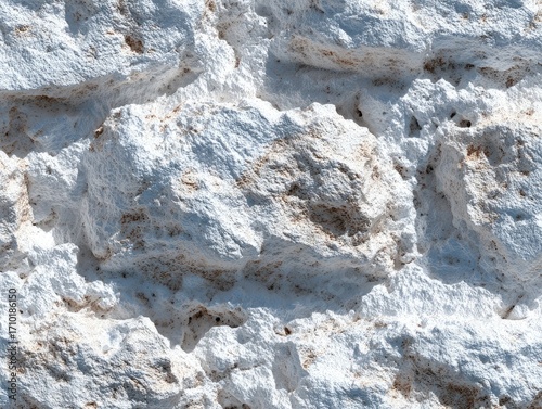 Close-up view of a textured white stone wall.  Rough, uneven surfaces with hints of beige
