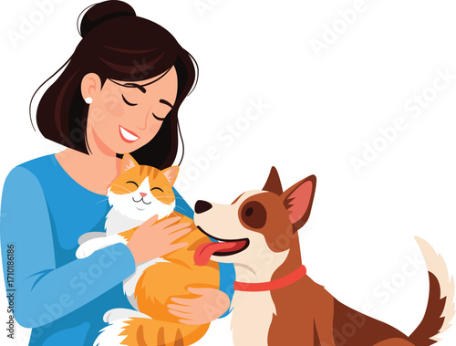 A smiling woman in a blue shirt lovingly holds an orange cat while a brown and white dog with its tongue out looks up at her.
