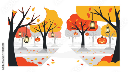 Autumnal Enchantment: A picturesque illustration of fall, where the colors of orange and yellow burst forth with the festive joy of Halloween night, lantern and pumpkin.