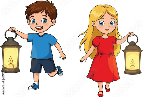 Cute cartoon boy and girl holding lanterns, smiling children illustration, kids with candle light, night adventure, fantasy artwork