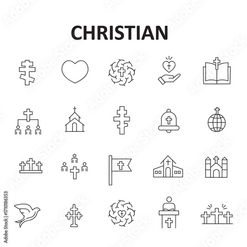 Christian line icon set.Simple Set of Religion Symbols.Cross, bible, christmas, easter, dove, Temples, Divine Book Editable stroke Vector illustration.eps