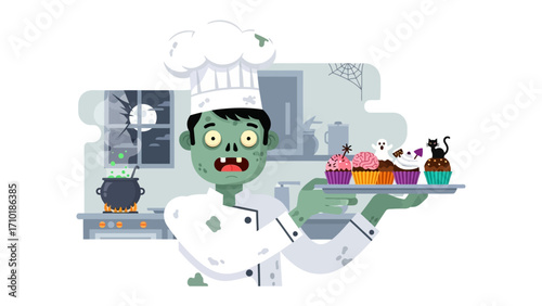 Zombie Baker's Delight: A whimsical zombie chef presents a delightful platter of Halloween-themed cupcakes. The playful illustration captures the essence of the season with a touch of spooky charm.