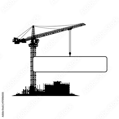 black silhouette of a tower crane at a construction site lifts an empty rectangular frame without a background.
